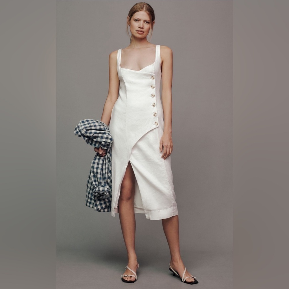 NWT Anthropologie White Linen Blend Button Detail Midi Dress Size Large